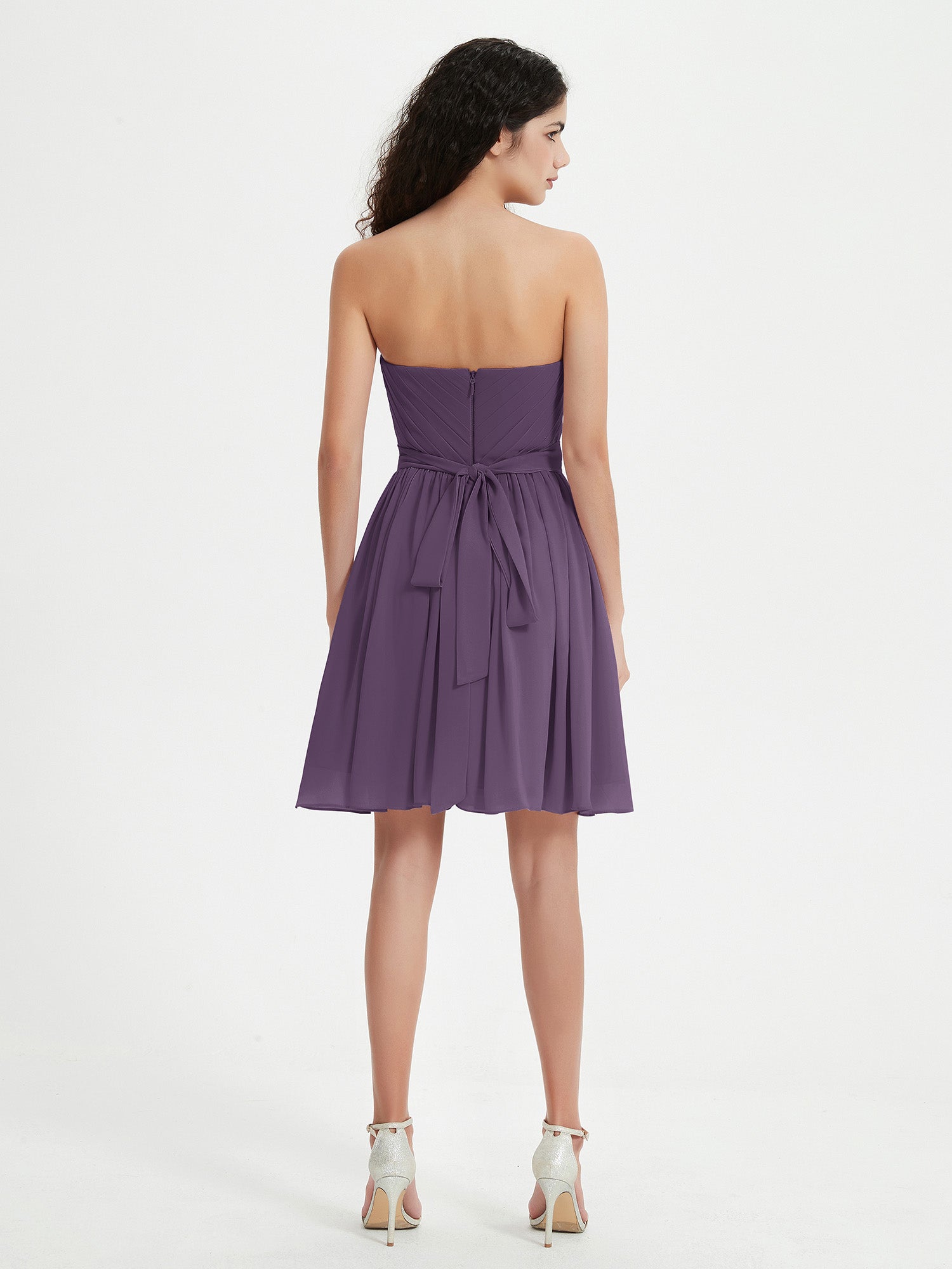 Strapless Chiffon Short Dresses with Bow Plum